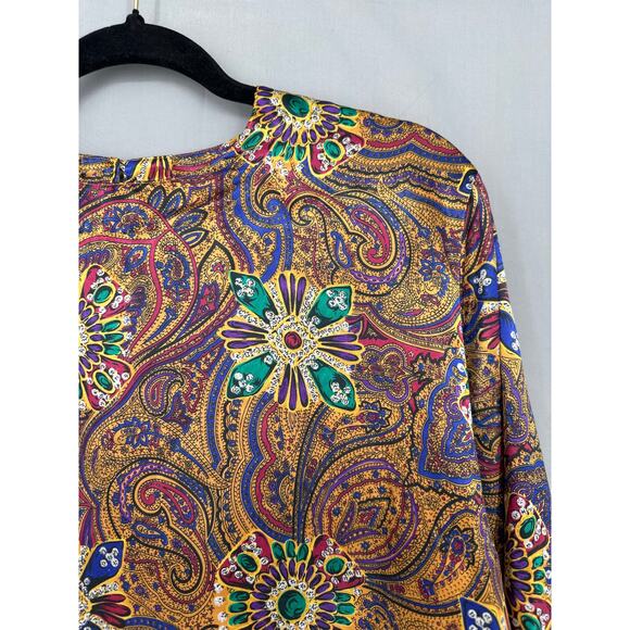 90s Vintage Top Womens Large Yellow Paisley Satin Boho Psychedelic Bohemian - Picture 4 of 8